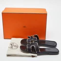Pre Owned Hermes Black Satin Oran Crystals Slide Flats Size 38