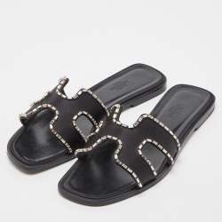 Pre Owned Hermes Black Satin Oran Crystals Slide Flats Size 38