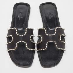 Pre Owned Hermes Black Satin Oran Crystals Slide Flats Size 38