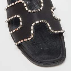 Pre Owned Hermes Black Satin Oran Crystals Slide Flats Size 38