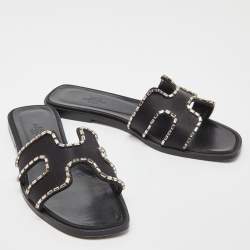 Pre Owned Hermes Black Satin Oran Crystals Slide Flats Size 38