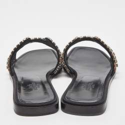 Pre Owned Hermes Black Satin Oran Crystals Slide Flats Size 38