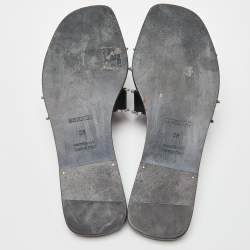 Pre Owned Hermes Black Satin Oran Crystals Slide Flats Size 38