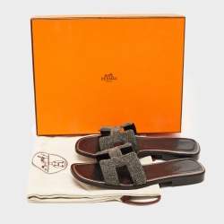 Hermes Metallic Silver Glitter Oran Flat Slides Size 36.5 