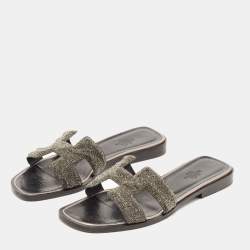 Hermes Metallic Silver Glitter Oran Flat Slides Size 36.5 