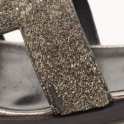 Hermes Metallic Silver Glitter Oran Flat Slides Size 36.5 