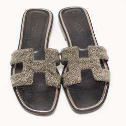 Hermes Metallic Silver Glitter Oran Flat Slides Size 36.5 