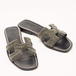 Hermes Metallic Silver Glitter Oran Flat Slides Size 36.5 