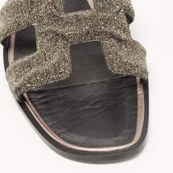Hermes Metallic Silver Glitter Oran Flat Slides Size 36.5 