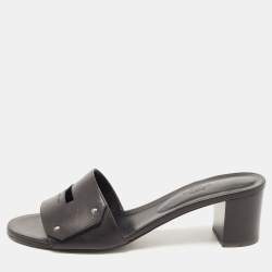 Hermes Black Leather View Slide Sandals Size 41