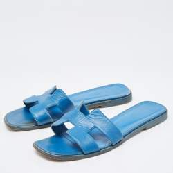Hermes Blue Leather Oran Flat Slides Size 38