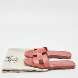Hermes Peach Leather Oran Flat Slides Size 38 