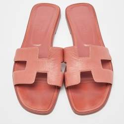 Hermes Peach Leather Oran Flat Slides Size 38 