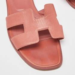 Hermes Peach Leather Oran Flat Slides Size 38 
