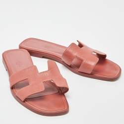 Hermes Peach Leather Oran Flat Slides Size 38 