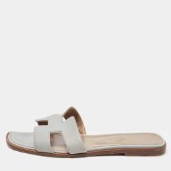 Hermes Grey Leather Oran Flat Slides Size 37.5
