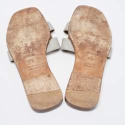 Hermes Grey Leather Oran Flat Slides Size 37.5