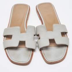 Hermes Grey Leather Oran Flat Slides Size 37.5