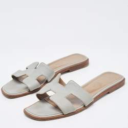 Hermes Grey Leather Oran Flat Slides Size 37.5