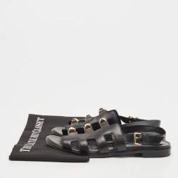 Hermes Black Leather Studded Slingback Sandals Size 37.5