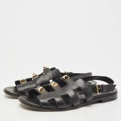 Hermes Black Leather Studded Slingback Sandals Size 37.5