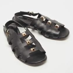 Hermes Black Leather Studded Slingback Sandals Size 37.5