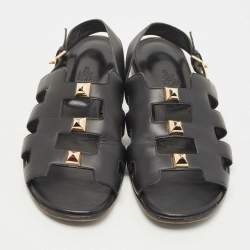 Hermes Black Leather Studded Slingback Sandals Size 37.5
