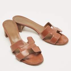 Pre Owned Hermes Brown Leather Oasis Slide Sandals Size 37