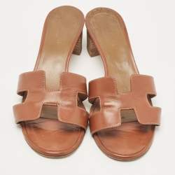 Pre Owned Hermes Brown Leather Oasis Slide Sandals Size 37