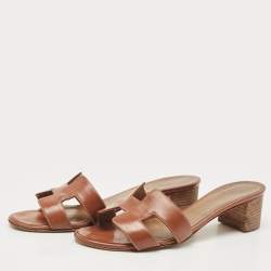 Pre Owned Hermes Brown Leather Oasis Slide Sandals Size 37