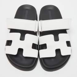 Pre Owned Hermes White Leather Chypre Flat Sandals Size 34