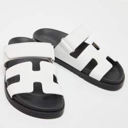 Pre Owned Hermes White Leather Chypre Flat Sandals Size 34