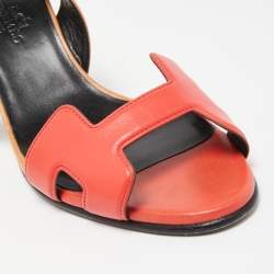 Pre Owned Hermes Red/Brown Leather Night Slingback Sandals Size 36