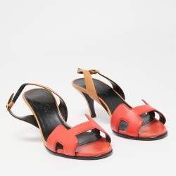 Pre Owned Hermes Red/Brown Leather Night Slingback Sandals Size 36