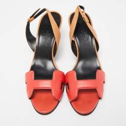 Pre Owned Hermes Red/Brown Leather Night Slingback Sandals Size 36