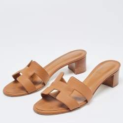 Pre Owned Hermes Brown Leather Oasis Slide Sandals Size 36.5
