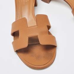 Pre Owned Hermes Brown Leather Oasis Slide Sandals Size 36.5