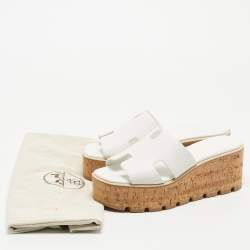 Pre Owned Hermes White Leather Eze Wedge Sandals Size 38