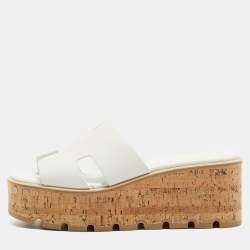 Pre Owned Hermes White Leather Eze Wedge Sandals Size 38