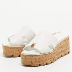 Pre Owned Hermes White Leather Eze Wedge Sandals Size 38