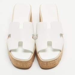 Pre Owned Hermes White Leather Eze Wedge Sandals Size 38