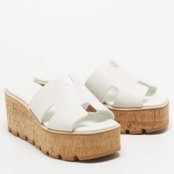 Pre Owned Hermes White Leather Eze Wedge Sandals Size 38