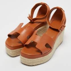 مملوكة مسبقًا Hermes Brown Leather Ilana Wedge Espadrille Sandals Size 38