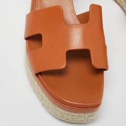 مملوكة مسبقًا Hermes Brown Leather Ilana Wedge Espadrille Sandals Size 38