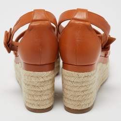 مملوكة مسبقًا Hermes Brown Leather Ilana Wedge Espadrille Sandals Size 38