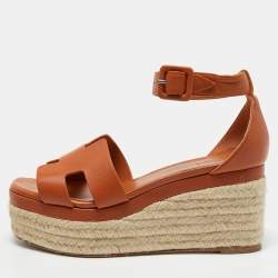 مملوكة مسبقًا Hermes Brown Leather Ilana Wedge Espadrille Sandals Size 38