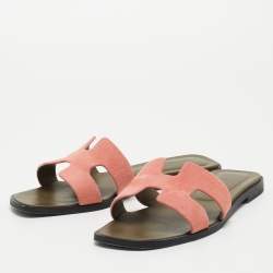 Hermes Pink Suede Oran Flat Slides Size 36.5 