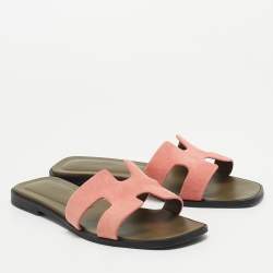 Hermes Pink Suede Oran Flat Slides Size 36.5 