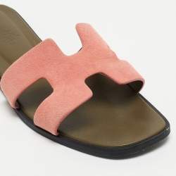 Hermes Pink Suede Oran Flat Slides Size 36.5 