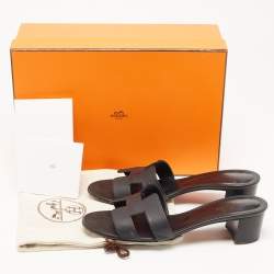 Hermes Black Leather Oasis Block Heel Slide Sandals Size 38.5